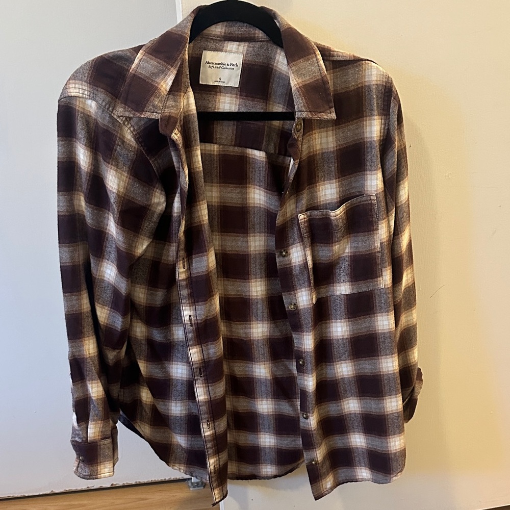 Abercrombie & Fitch Maroon/beige and tan Plaid Button-Up Shirt